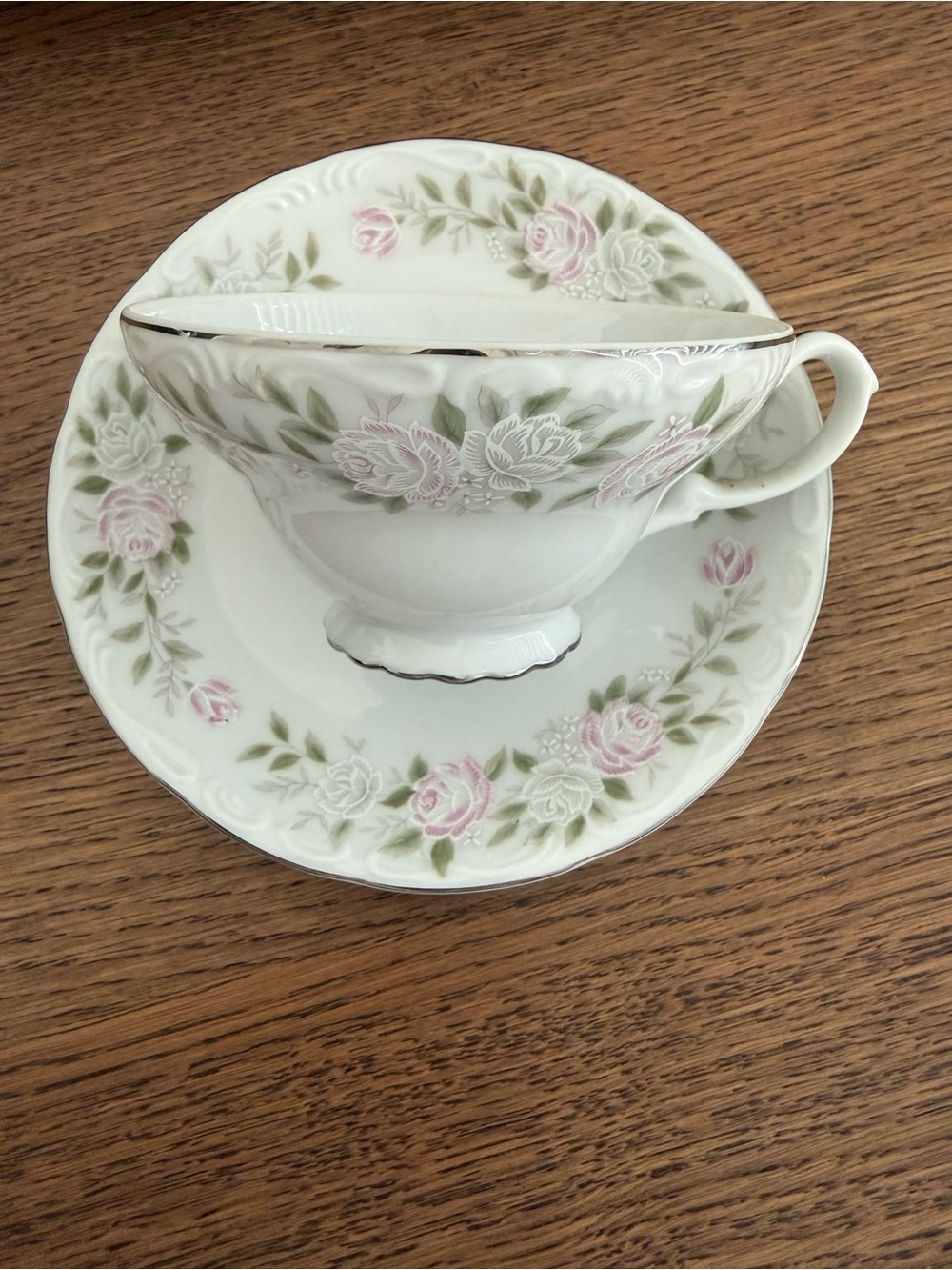 Sheffield Fine China Classic 501 6 Teacup & Saucer Sets Pink Roses Silver Trim
